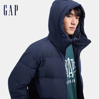 Gap 蓋璞 男士徽章logo抽繩立領(lǐng)連帽羽絨服 677652