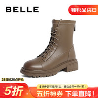 BeLLE 百麗 質(zhì)感彈力靴女粗跟增高舒適綁帶短靴B1571DD3 卡其色 36