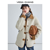 VEGA CHANG 仿羊羔毛大衣女冬韓版寬松拼接皮草短外套 絨絨白 M