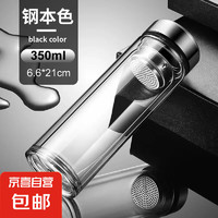 JX 京喜 高硼硅雙層玻璃杯泡茶杯茶水分離杯隔熱車(chē)載水杯 雙層加厚銀色蓋千層直筒 350ml 1只