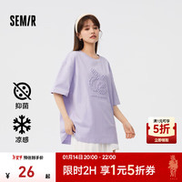 Semir 森馬 短袖T恤女中長款涼感抗菌套頭衫夏印花落肩衣服女生 紫色70173 150/76A/XS