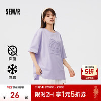 Semir 森馬 短袖T恤女中長(zhǎng)款涼感抗菌套頭衫夏印花落肩衣服女生 紫色70173 150/76A/XS