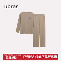 Ubras 貓咪印花女款純棉長袖長褲睡衣 摩卡色