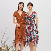 哥弟 真的好 清新V領(lǐng)系帶碎花中長款連衣裙子印花洋裝女