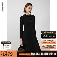 朗姿 羊毛法式高級感氣質(zhì)長袖收腰顯瘦裙子女2024年春季連衣裙 黑色 S