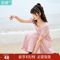 茵曼 新疆棉夏裝格紋方領(lǐng)復(fù)古盤扣假開襟中長(zhǎng)蓋膝短袖連衣裙文 紅格 S