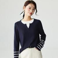 茵曼 假兩件拼接新年紅色毛衣女秋冬款撞色條紋時尚復(fù)古顯瘦百搭針織衫