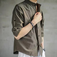 某東 400g重磅純棉簡(jiǎn)約亞麻襯衫寬松男裝中國(guó)風(fēng)夏季棉麻休閑上衣七分袖品質(zhì)通勤男裝 軍綠色(七分袖) M 105斤左右