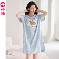 芬騰 睡裙女士夏季薄款短袖純棉大碼可愛睡衣家居服全棉女款連衣裙 灰蘭