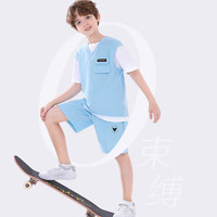 迪士尼 男童套裝春夏薄款新款兒童純棉運(yùn)動(dòng)服大童清涼短袖短褲兩件套 元?dú)馑{(lán)