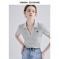VEGA CHANG 愛心針織T女 polo領(lǐng)法式短袖提花上衣