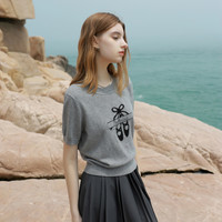3COLOUR 2025春季款圓領(lǐng)正肩短袖芭蕾風(fēng)提花針織衫