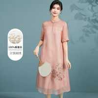 金菊 桑蠶絲夏季立領(lǐng)短袖舒適透氣連衣裙女中長款