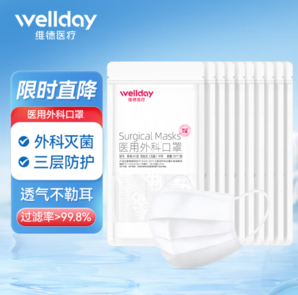 WELLDAY 維德 一次性醫(yī)用外科口罩 100只