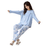 潔麗雅 女士睡衣 100%純棉 長袖長褲 家居服 套頭可外穿 藍(lán)色胸墊款 M