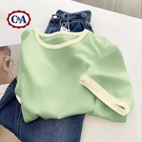 C&A 純色短袖T恤女夏季2025休閑設(shè)計(jì)感撞色圓領(lǐng)軟糯針織衫上衣 果綠 XL