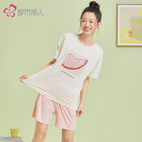 都市麗人 女士家居服短袖套頭套裝水果印花牛奶絲居家T恤女2H22B6 馬卡龍粉 L