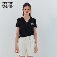 TEENIE WEENIE 小熊2024夏季萊卡彈力V領(lǐng)短袖T恤開衫莫代爾混紡 黑色 165/M
