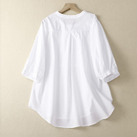 子牧棉麻 女文藝白色襯衫 七分袖寬松休閑襯衣 9030 白色 2XL