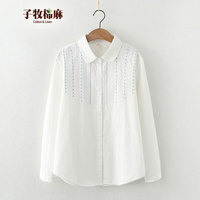 子牧棉麻 女春裝 刺繡襯衫 休閑寬松長袖襯衣 娃娃領(lǐng)上衣 0783 白色 XL