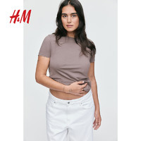 H&M 女裝T恤2025年春季休閑簡(jiǎn)約柔軟彈力棉質(zhì)汗布修身T恤1260200 深米灰色 S 160/88