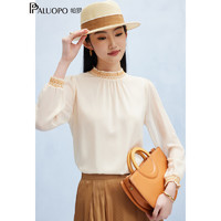 帕羅 PALUOPO 19姆米彈力雙喬春夏女士真絲長(zhǎng)袖T恤荷葉領(lǐng)褶皺重磅木耳邊緞面衫