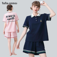 日本tutuanna 趣趣安娜 女款學(xué)院風(fēng)短袖短褲可外穿家居服套裝 2色