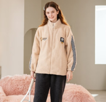 芬騰 女款珊瑚絨拉鏈開衫睡衣家居服套裝