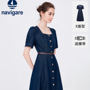 Navigare 意大利小帆船 女士復(fù)古方領(lǐng)牛仔裙短袖連衣裙2322874526