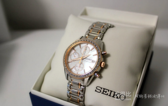 SEIKO 精工 玫瑰金珍珠贝母三眼计时水晶女表SNDY18