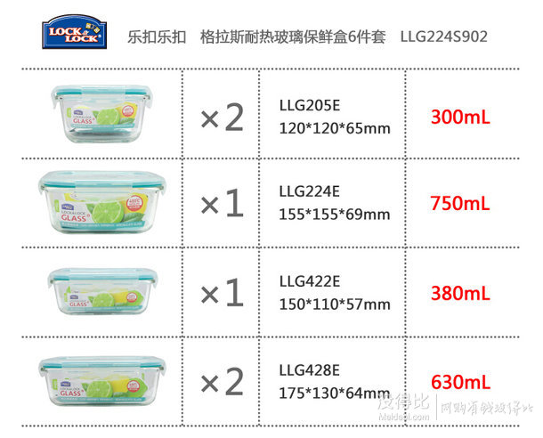 LOCK&amp;LOCK 乐扣乐扣 格拉斯 LLG224S902 玻璃保鲜盒6件套 105.2元（优惠后）