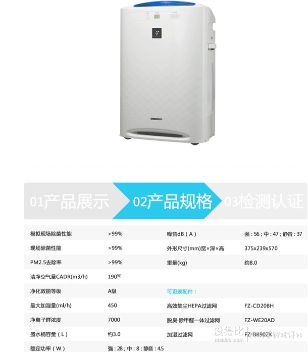 差价明显！SHARP 夏普 KC-WE20-W 加湿型 空气净化器 899元（999-100）