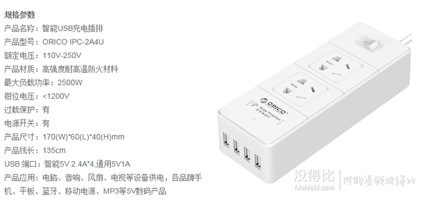  ORICO 奥睿科 IPC-2A4U 2位1.5米 插线板  29.92元（39.9元，买4免1）