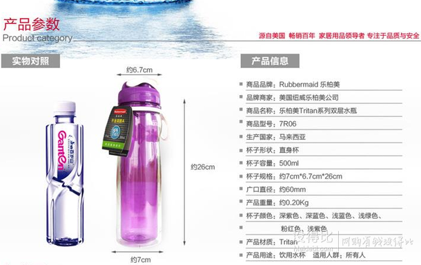 单品新低！Rubbermaid 乐柏美 Tritan系列双层水瓶500ml   29.9元