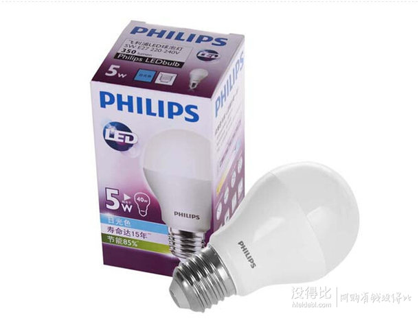 飞利浦PHILIPS LED球泡5W/E27日光色4连包 约79元（109元，满200-60后）