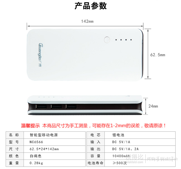 GuangBo 广博 NC6566 10400mAh 3USB输出智能型移动电源 满减后24.5元