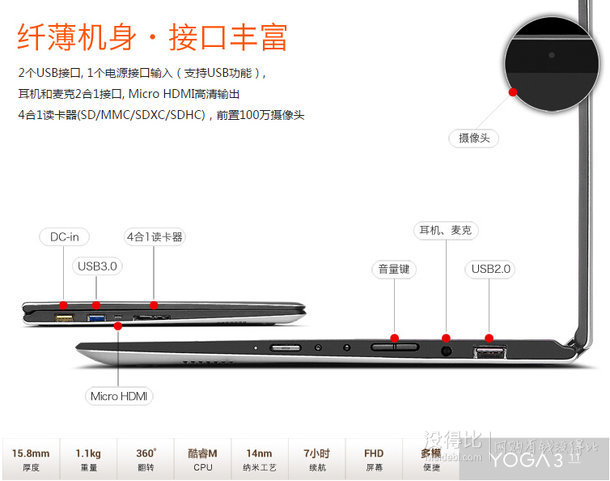 Lenovo 联想 YOGA3 11 11.6英寸触控超极本 （5Y10 4G 256G固态硬盘 摄像头 蓝牙 Win8.1）4899元包邮