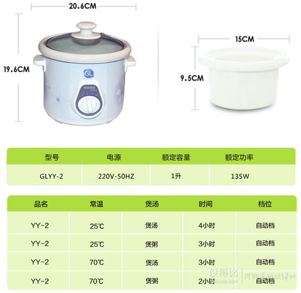 新低价！GL格朗 GLYY-2 多功能BB煲 婴幼儿电粥煲  39.95元（79.9元，200-100）