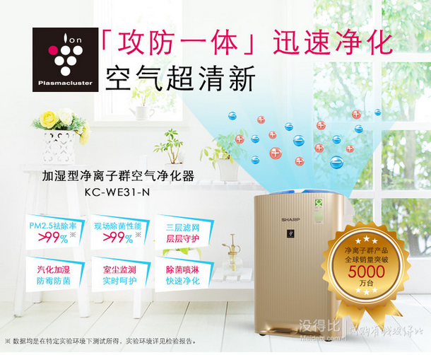 再降价：SHARP 夏普 KC-WE31 加湿型空气净化器 金色  1299.5元包邮（2599元，买2付1）