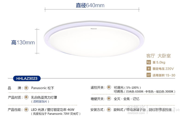 Panasonic 松下 HHLAZ3017 智能LED吸顶灯 46W  915.34元包邮（1015.34-100）