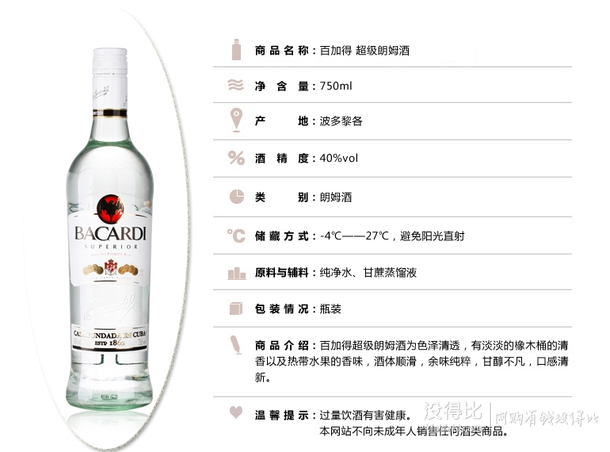 单买好价！BACARDI 百加得 超级朗姆酒750ml  39.9元