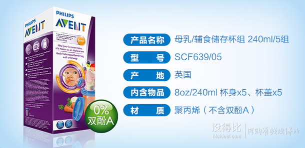 双重优惠！AVENT飞利浦 新安怡SCF639/05母乳/婴儿辅食储存杯组240ml   44.27元（68元，3件7折叠加100-10）