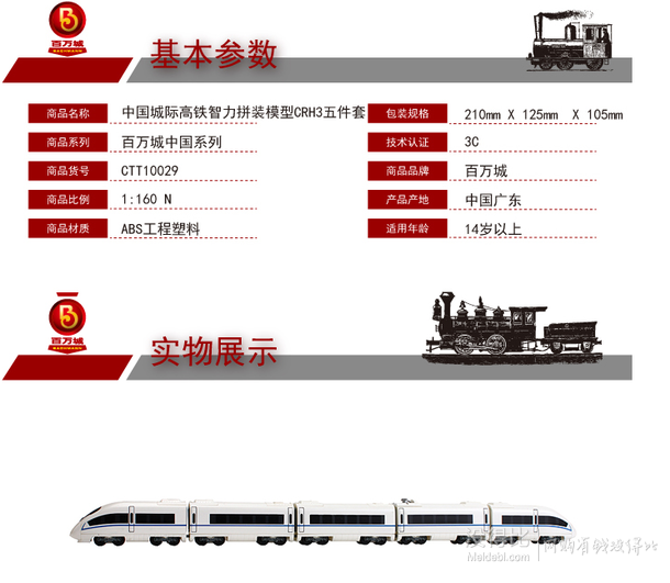 华北、西北、东北有货！Bachmann 百万城 中国城际高铁智力拼装模型CRH3五件套  31元