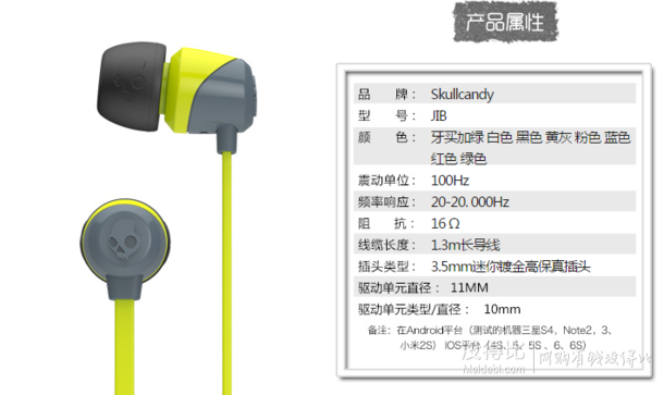 差价明显：Skullcandy斯酷凯蒂骷髅头 JIB 入耳式耳机 29.9元