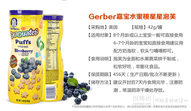 微信端：嘉宝 辅食Gerber星星泡芙宝宝零食 蓝莓口味 约8.5元(16.9，199-100)