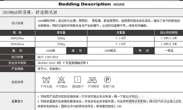 既轻又保暖：SNOWMAN 斯诺曼 100%鹅毛绒被芯 羽绒被 200*230cm  269元（369-100）