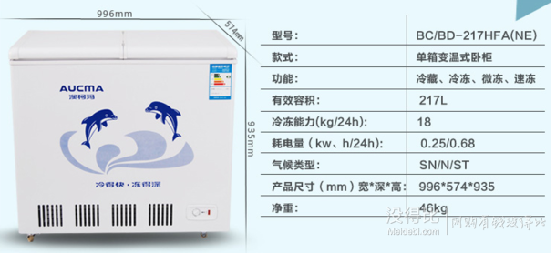 AUCMA 澳柯玛 BC/BD-217HFA 217L 蝶形门单箱变温柜 979元(300-20全品类优惠券)