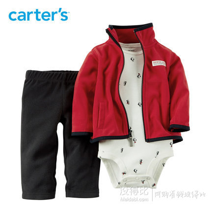 Carter's3件套装红色绒质开衫连体衣长裤婴儿童装121G089