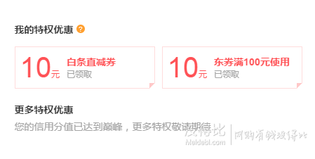优惠券：某东金融 10元白条直减，满百减10