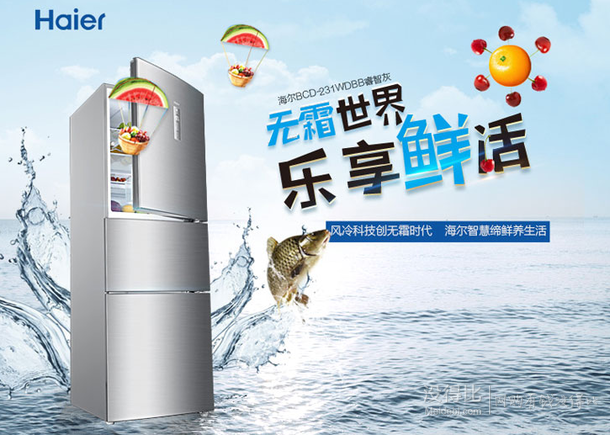 上海、天津福利： Haier 海尔BCD-231WDBB 231升 三门冰箱  2199元包邮